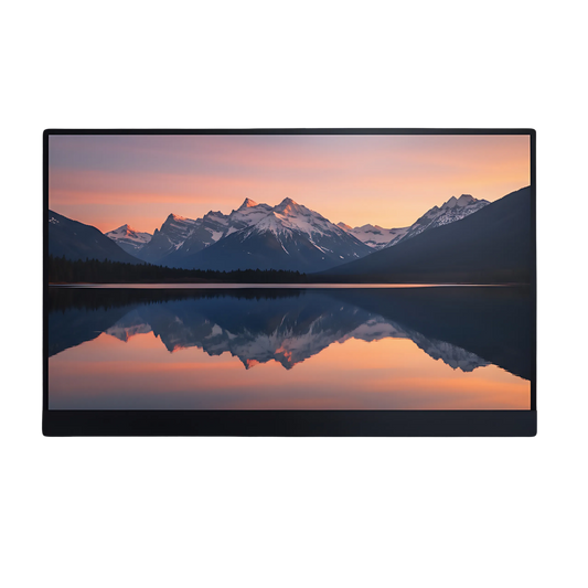 Portable monitor for versatile work setups showcasing stunning mountain landscape reflection.