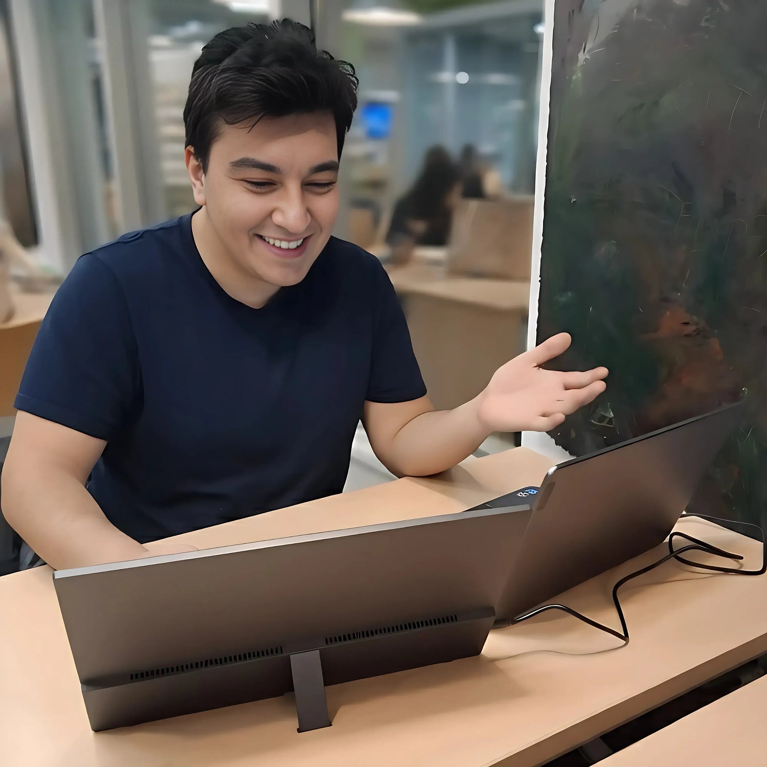 Happy professional using TheNomad portable monitor for a dual-screen office setup