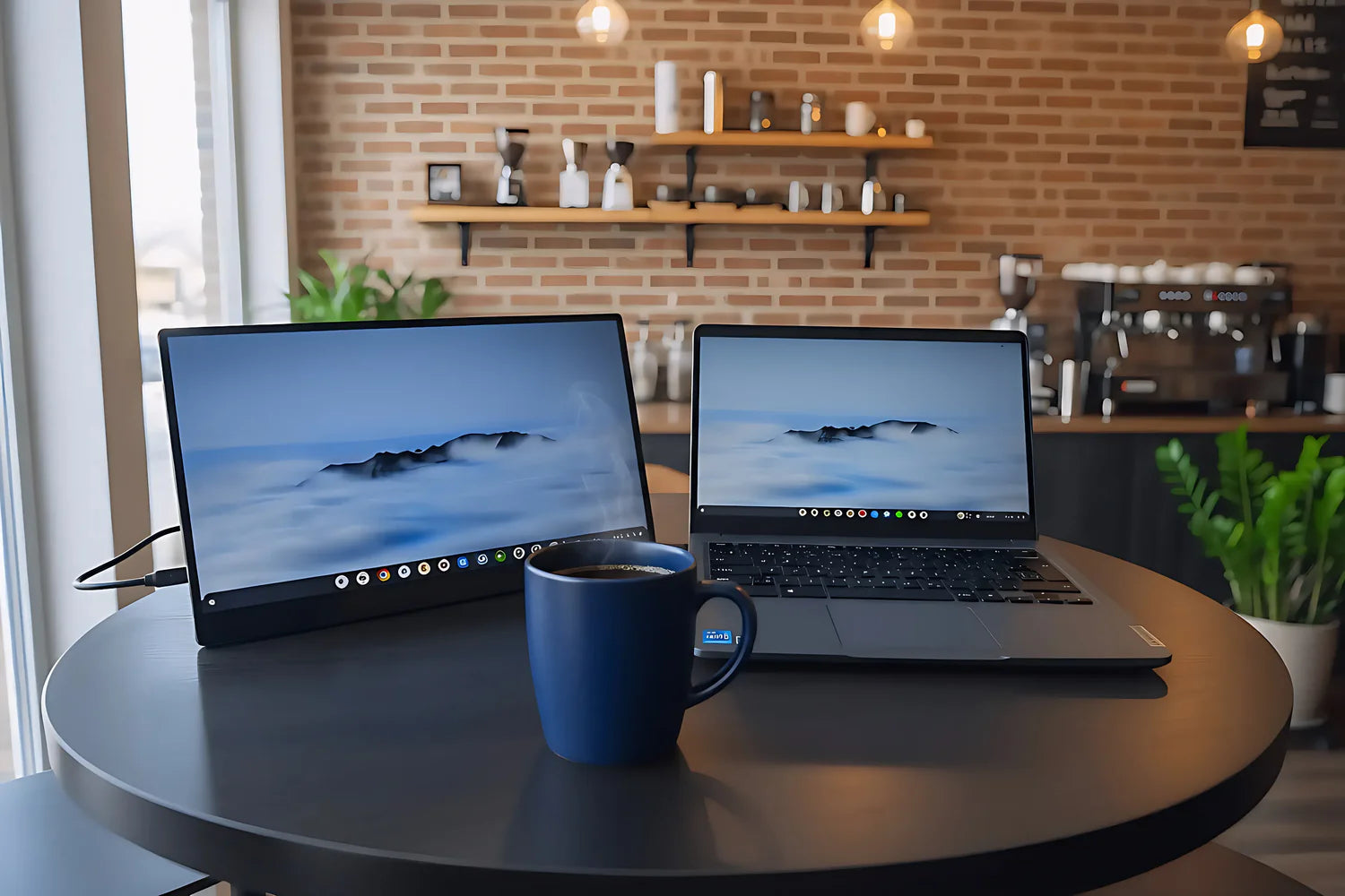 TheNomad portable monitor used with a laptop in a coffee shop for remote work - Nomad & Work