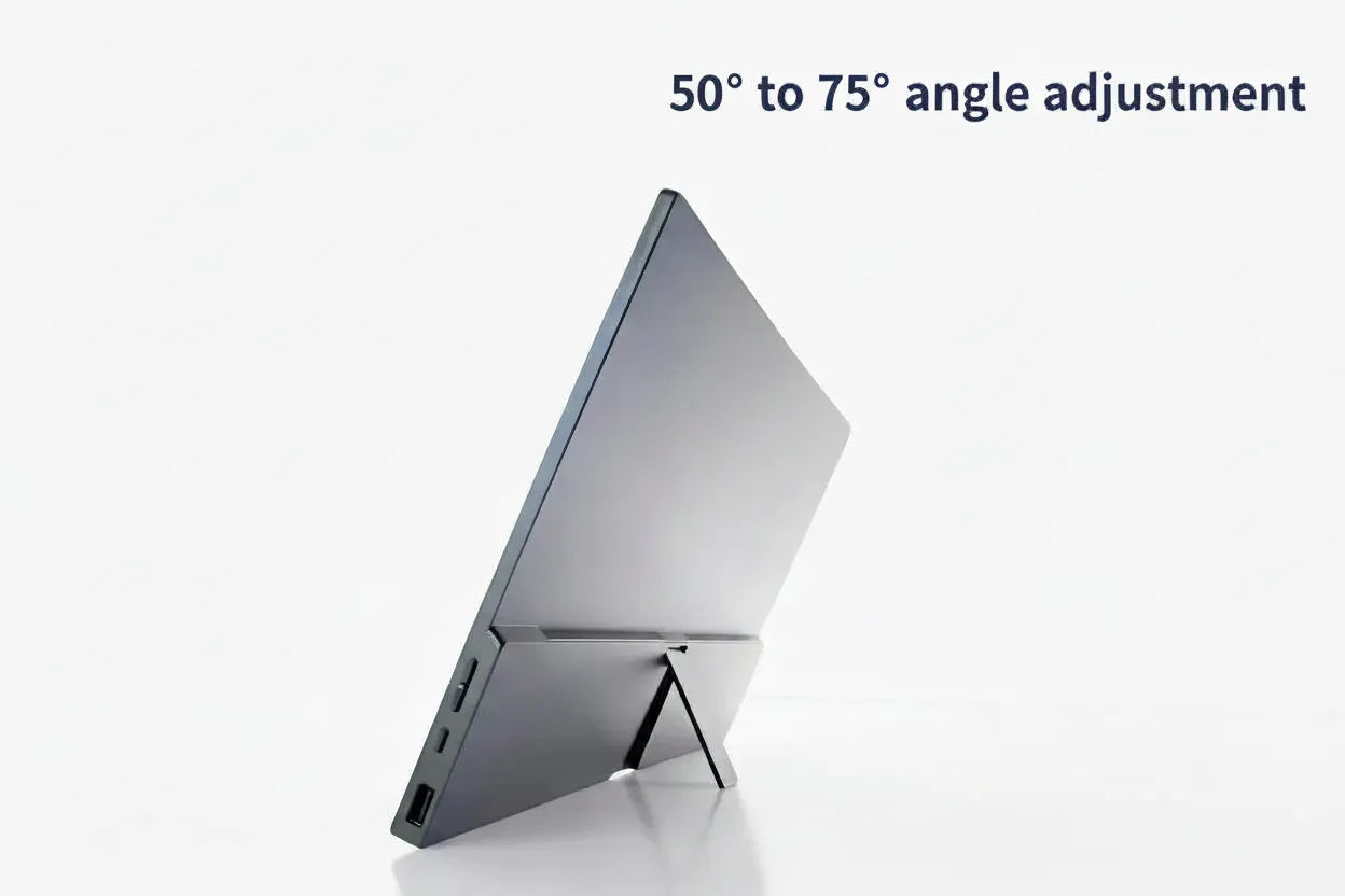 TheNomad monitor with adjustable stand on a white background, showing 50° to 75° angle adjustment