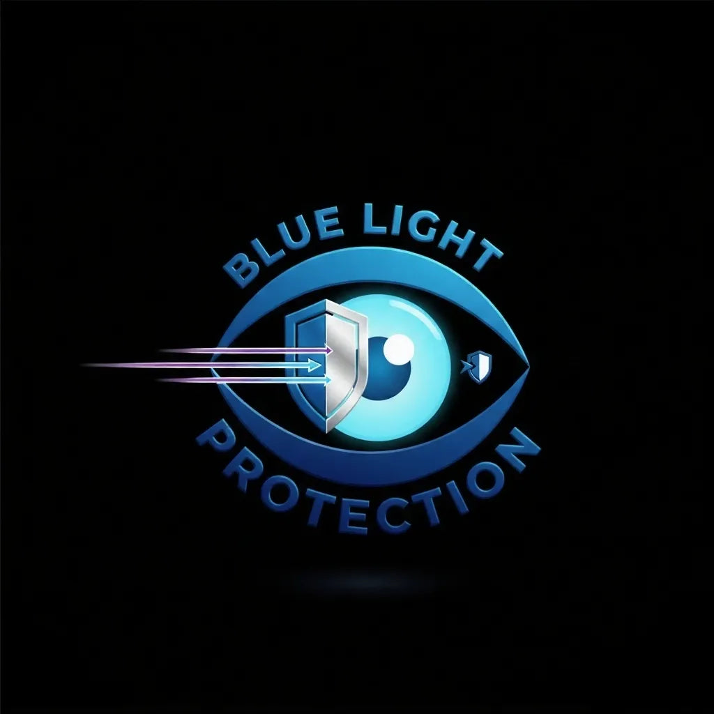 Blue light protection logo with an eye design on a black background
