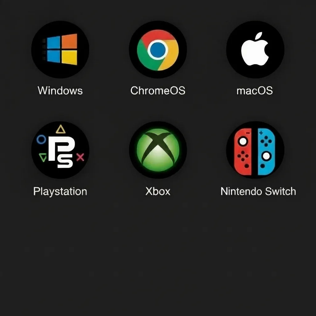 Logos of Windows, ChromeOS, macOS, PlayStation, Xbox, and Nintendo Switch on a dark background