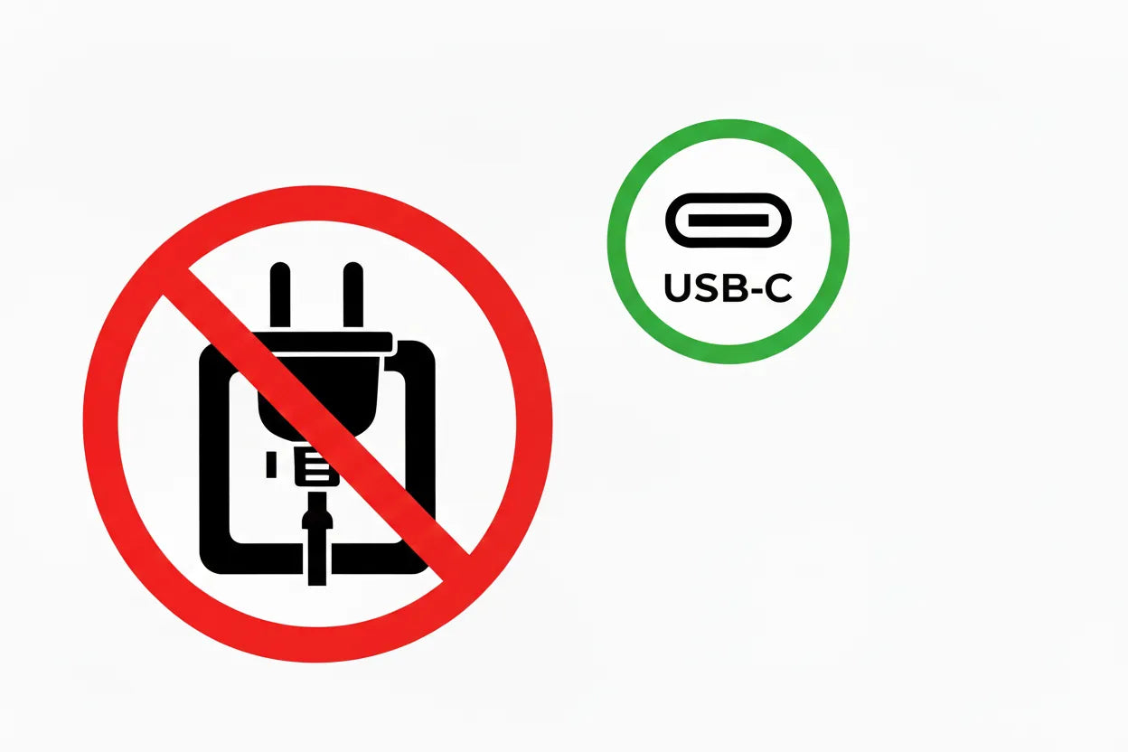 Prohibition symbol for traditional plug with a USB-C symbol next to it on a white background
