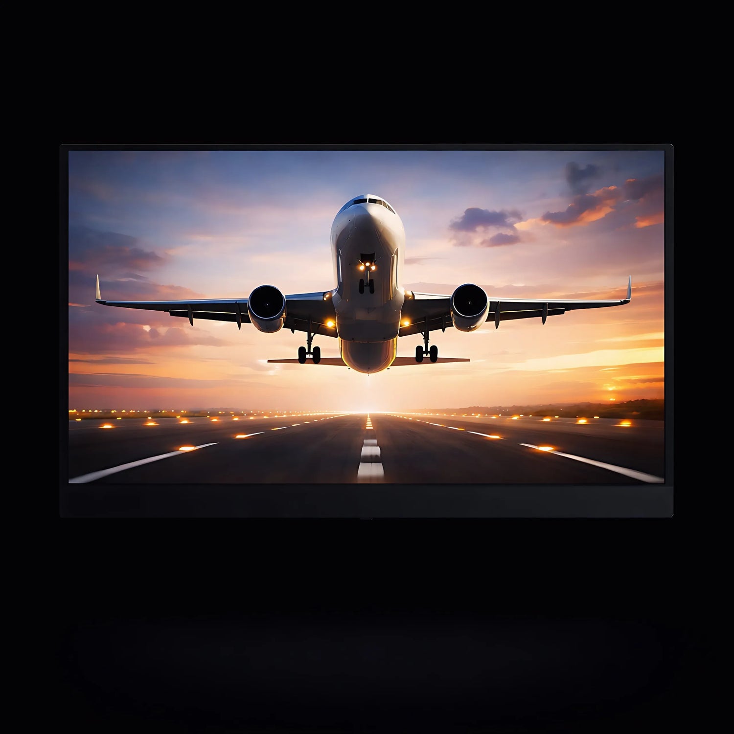 Airplane taking off from an airport runway with a colorful sky on TheNomad screen