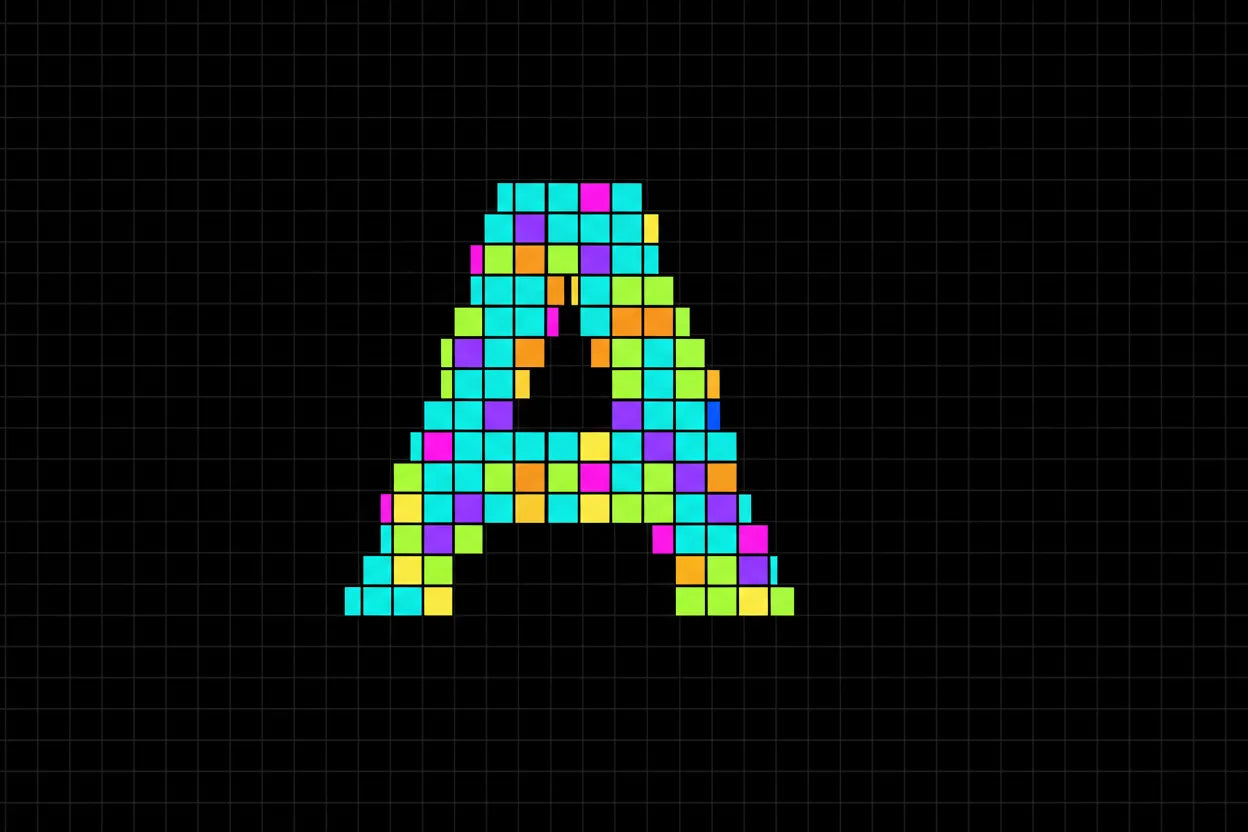 Colorful pixelated letter 'A' on a black grid background