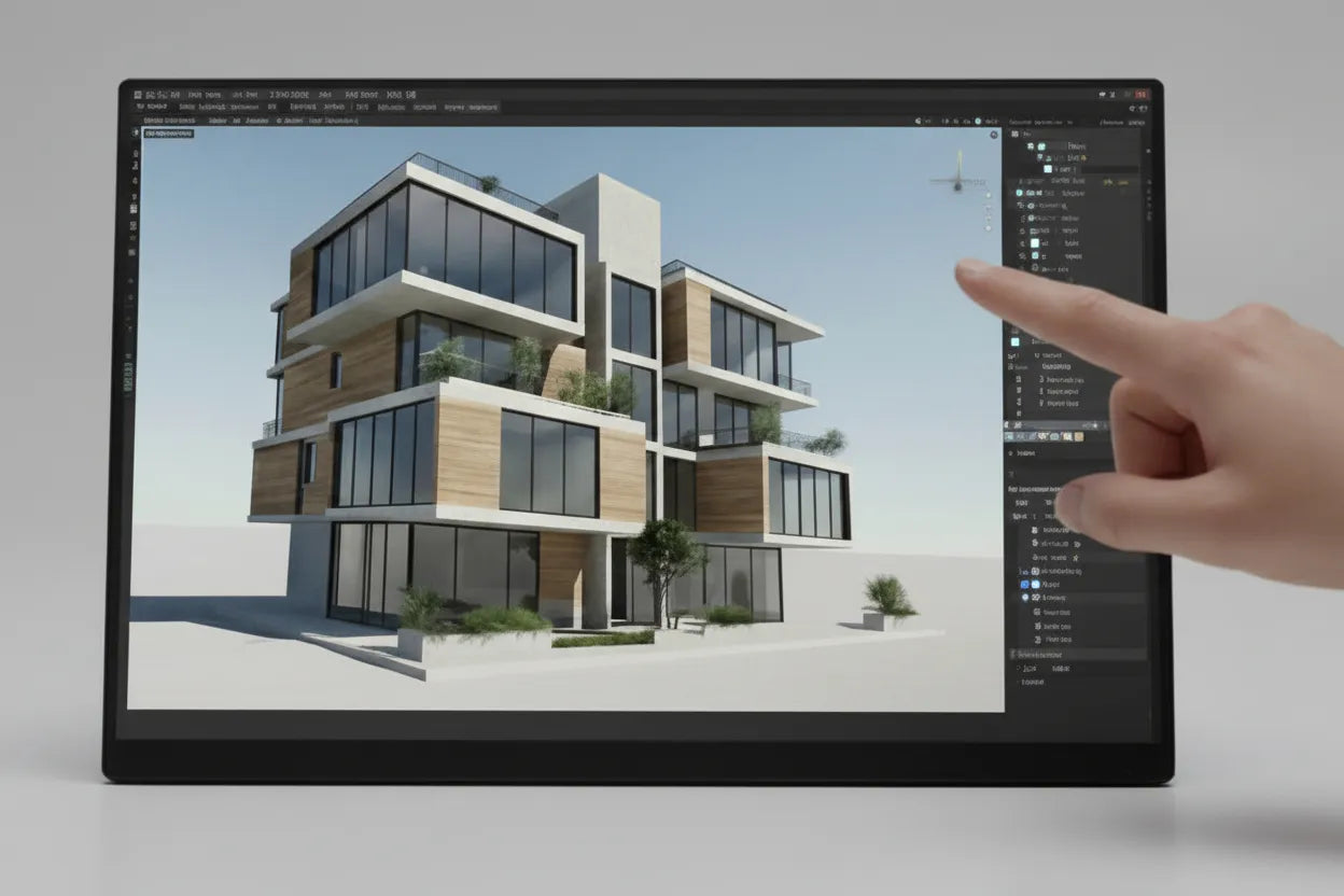 Hand interacting with a digital design of a modern building on TheNomad
